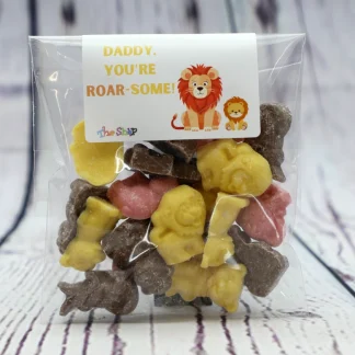 Only for the most awesome Dad. Our chocolate animals, packaged in one of our "roar some" novelty bags. 