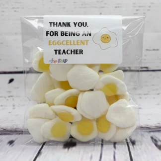 Eggcellent teacher gift sweet bag with fried egg sweets